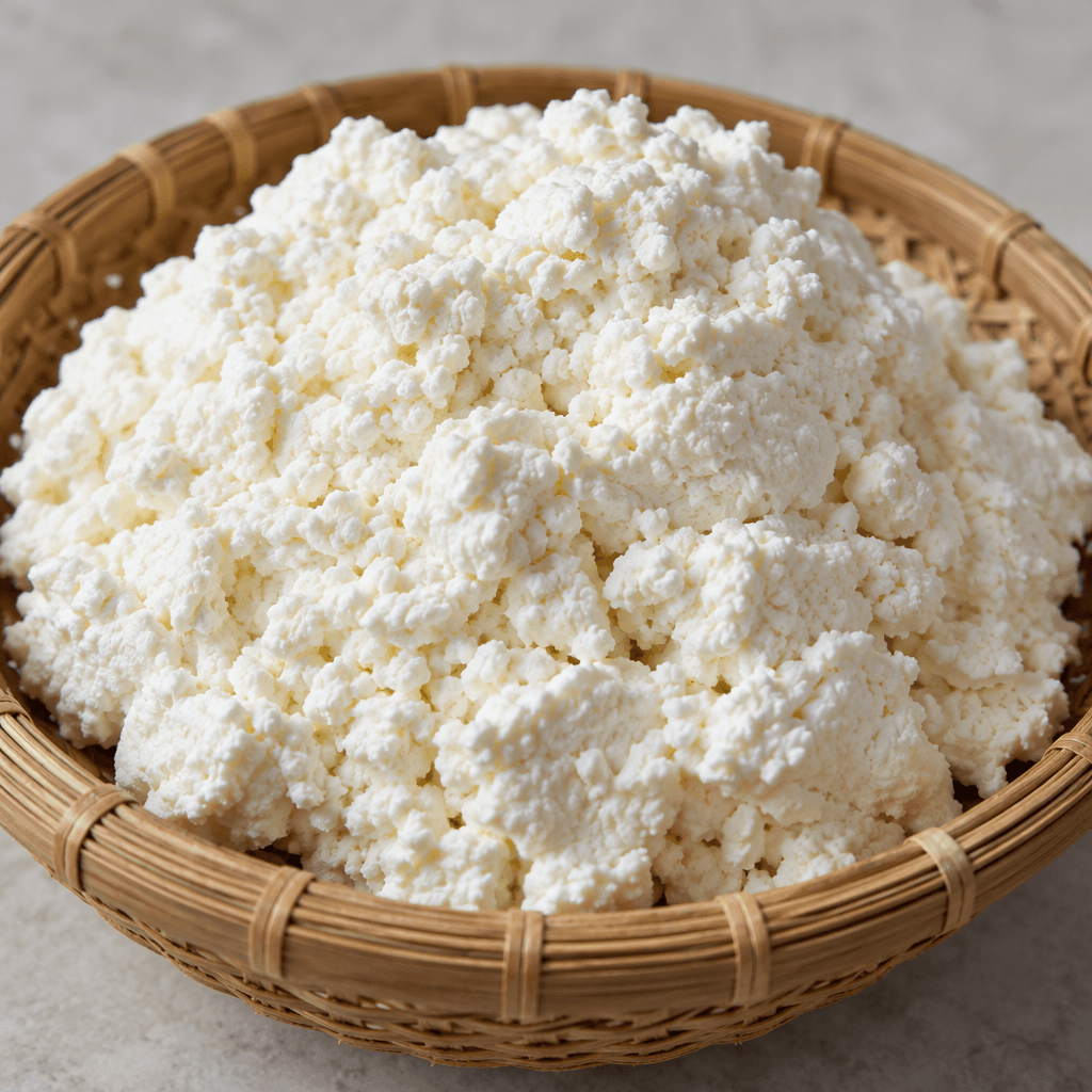A mound of soft, white lor cheese with a moist, fine, crumbly texture sits in a shallow woven basket, its uneven surface flecked with tiny curds.