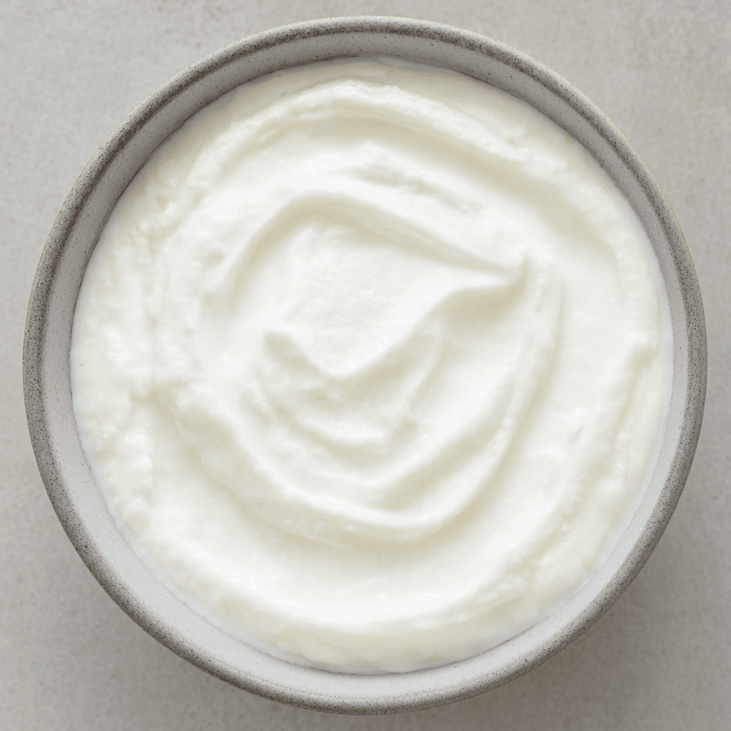 Thick, smooth, bright-white quark yogurt with a dense, creamy surface.