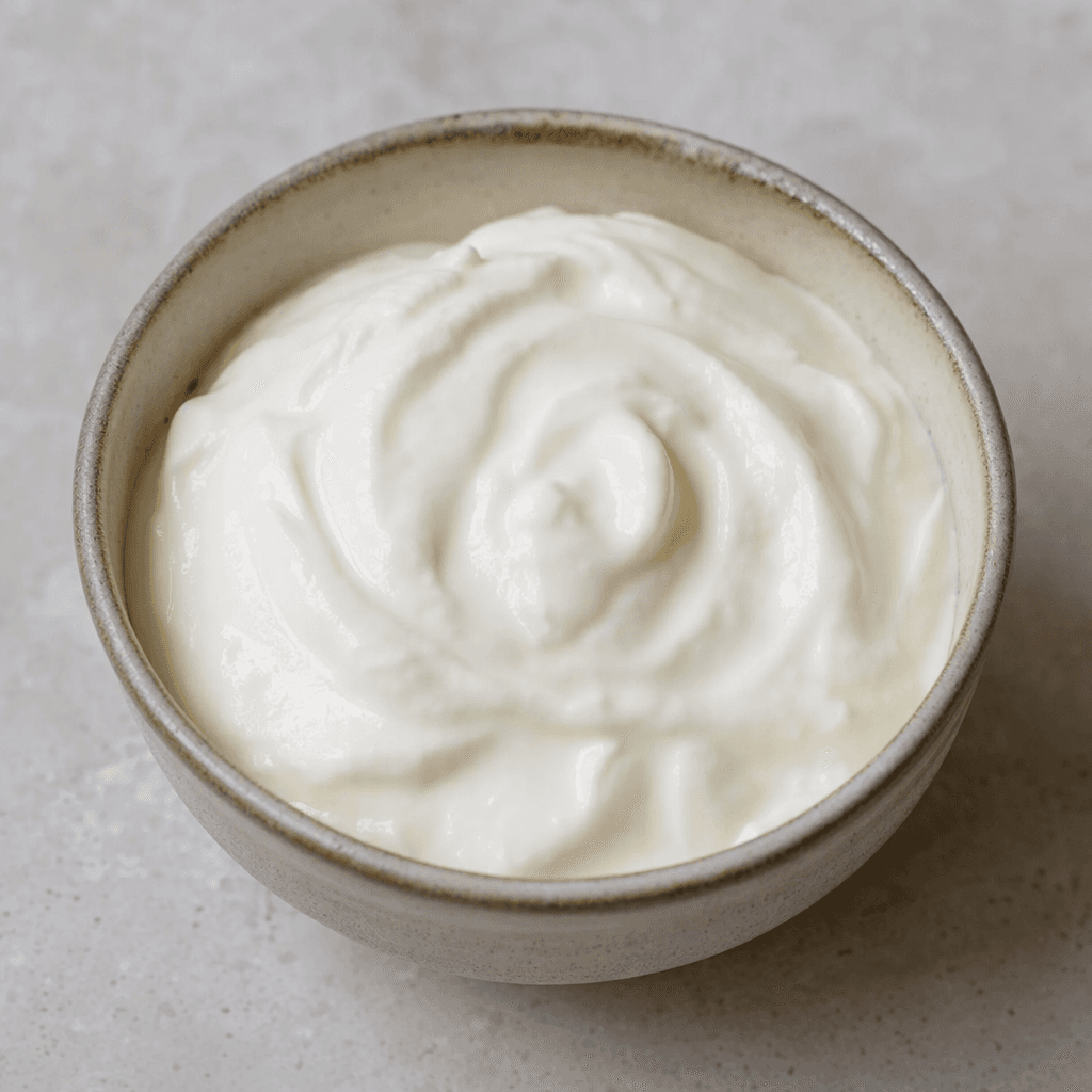 A serving of thick, smooth, white quark yogurt sits in a small bowl, with a softly mounded surface.