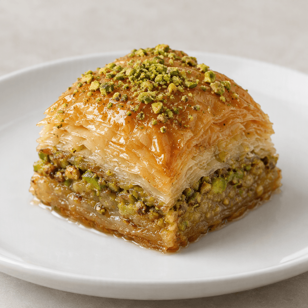 A piece of golden-brown, tightly layered pastry sits on a white plate, its crisp-looking surface glossy with clear syrup and sprinkled with finely chopped green pistachios.