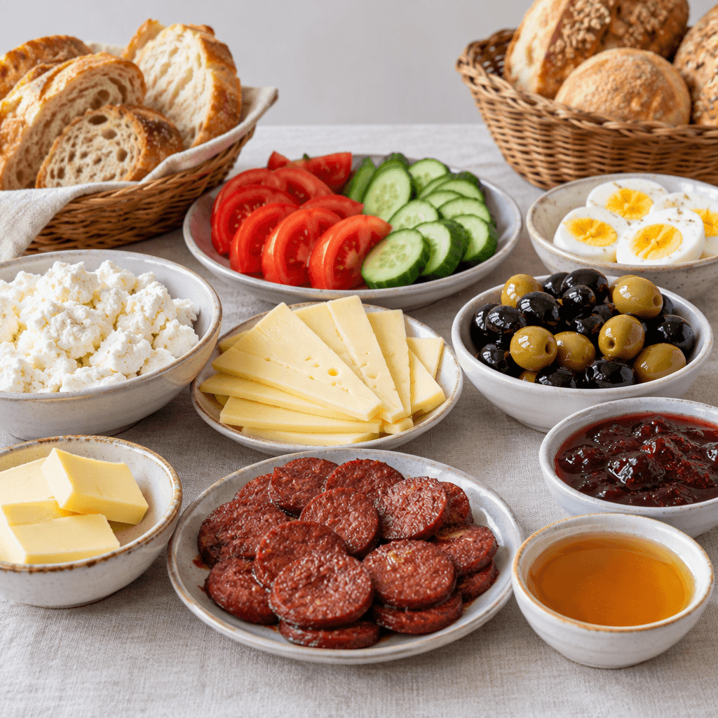 Geniş bir kahvaltı sofrasında beyaz ve ufalanan peynir, açık saman sarısı renginde yarı sert peynir, parlak siyah ve yeşil zeytinler, dilimlenmiş kırmızı domatesler, salatalık halkaları, haşlanmış yumurtalar, bal, reçel, tereyağı ve kırmızımsı kahverengi sucuk küçük tabaklarda sunulur; aralarına ekmek sepetleri yerleştirilmiştir.