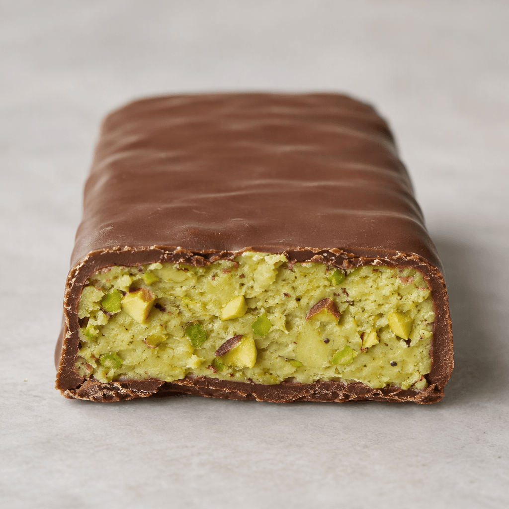 A rectangular sweet bar with a smooth chocolate-brown coating and a visible pale-green pistachio filling flecked with chopped nuts.