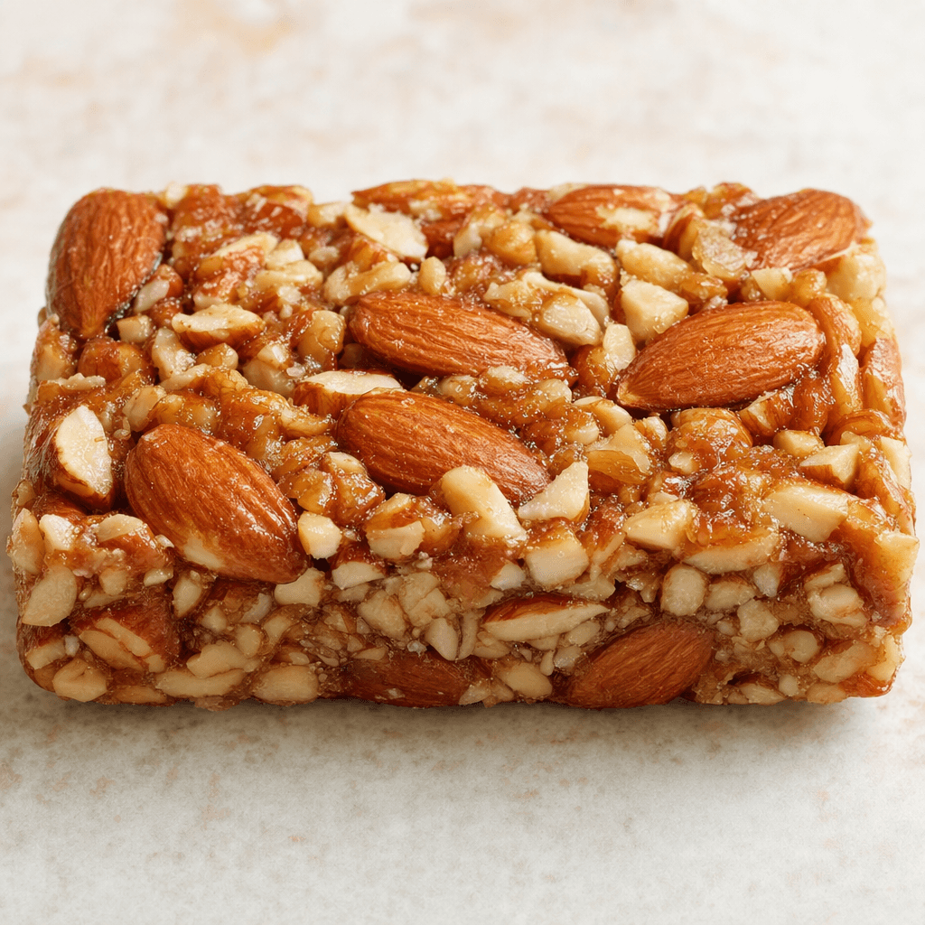 A compact rectangular bar with whole and chopped almonds pressed together in a glossy amber-brown binder, its surface uneven and densely studded with nuts.