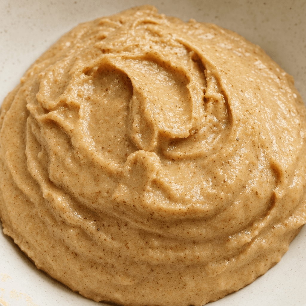 A thick, creamy beige-brown almond paste with a slight sheen and fine darker flecks, formed into a soft mound with smooth swirls on its surface.