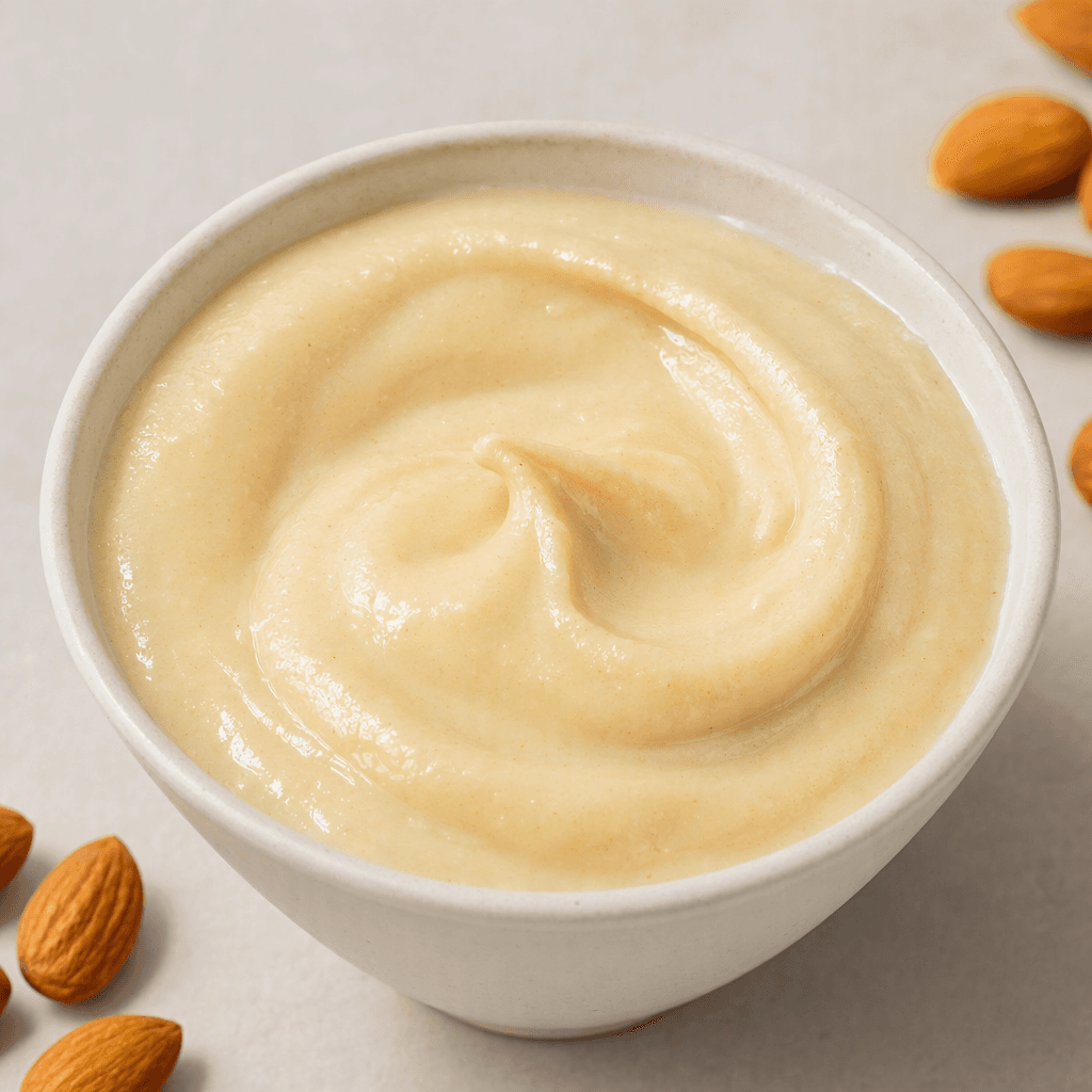A thick, smooth, pale beige almond cream with a gently glossy surface, shown in a small serving dish.