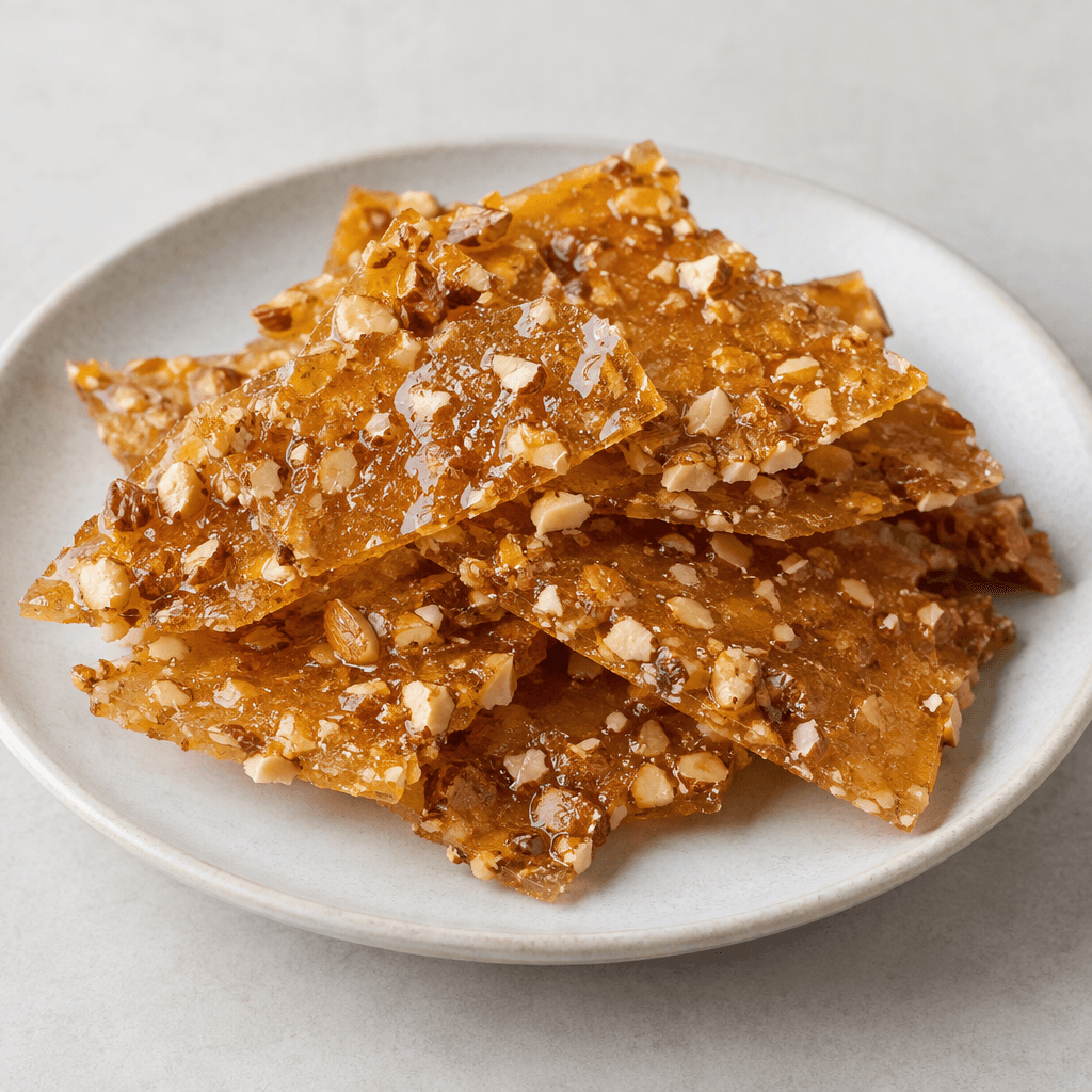 Irregular, thin amber-gold shards of brittle sugar studded with visible pale toasted almond pieces are arranged on a small plate, their surfaces glossy and crisp-looking.
