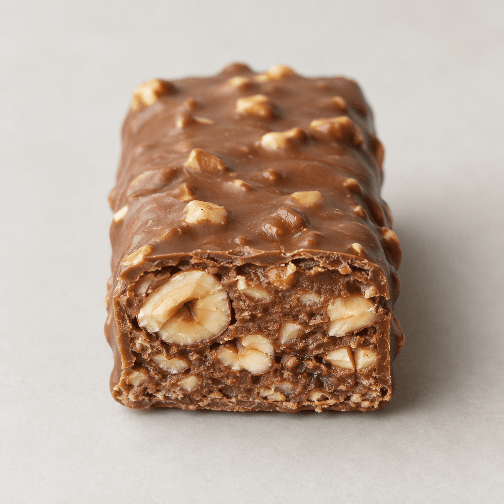 A compact rectangular sweet bar with a smooth milk-chocolate-brown coating and visible pieces of hazelnut on its surface and cut edge.