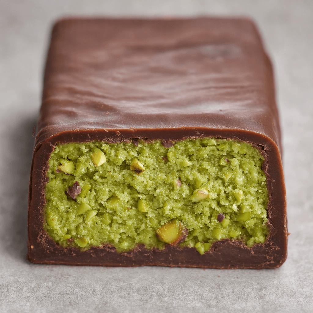 A compact rectangular bar with a chocolate-brown outer layer and a dense pale-green interior flecked with chopped pistachios, shown with one end cut open.