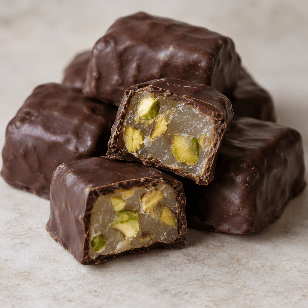 Small, bite-sized rectangular pieces of Turkish delight are coated in dark chocolate, with a cut piece showing a soft, pale gel interior flecked with green pistachio pieces.