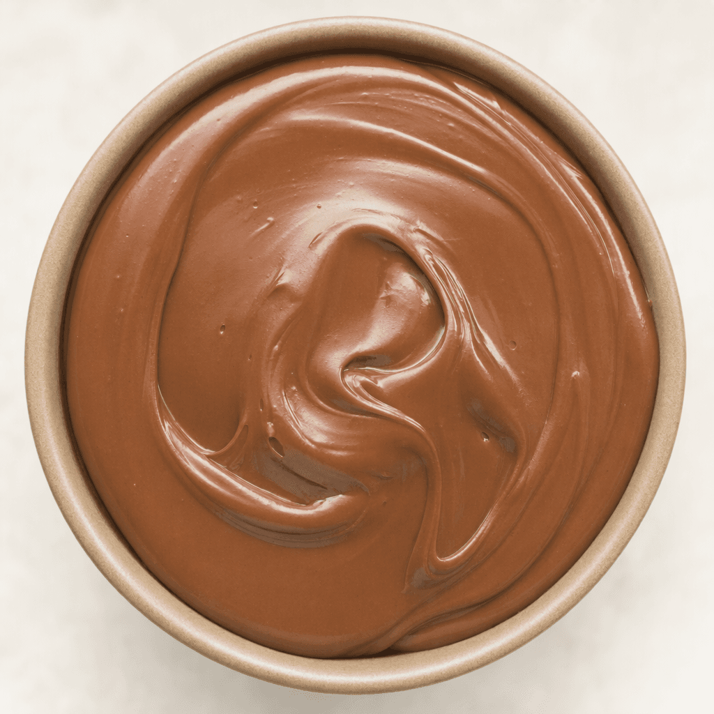 A thick, smooth, glossy tan-brown hazelnut spread with an even, creamy surface.