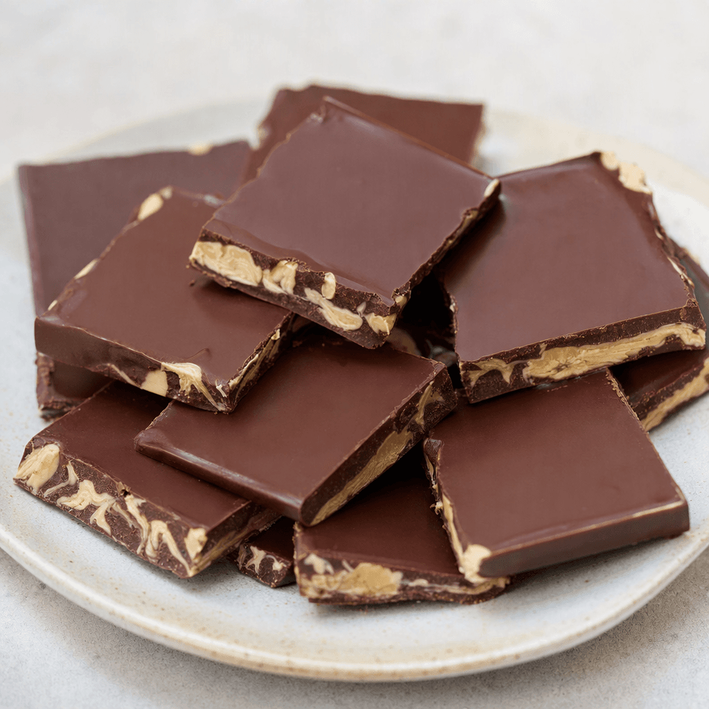 Dark-brown chocolate pieces with a smooth surface and pale beige tahini swirled through the broken edges are arranged on a plate.