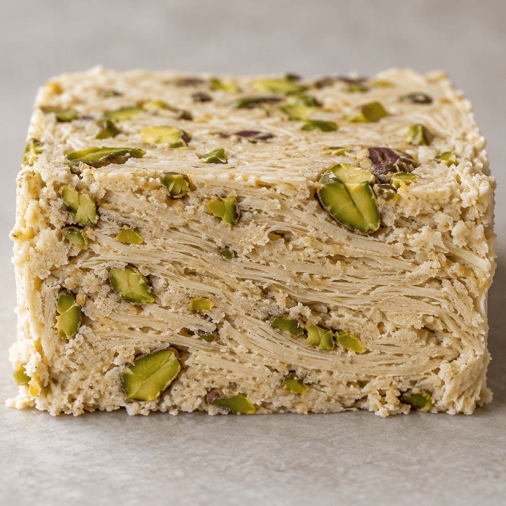A pale beige, dense and slightly crumbly halva with fine layered strands and scattered green pistachio pieces, cut into a rectangular slice.