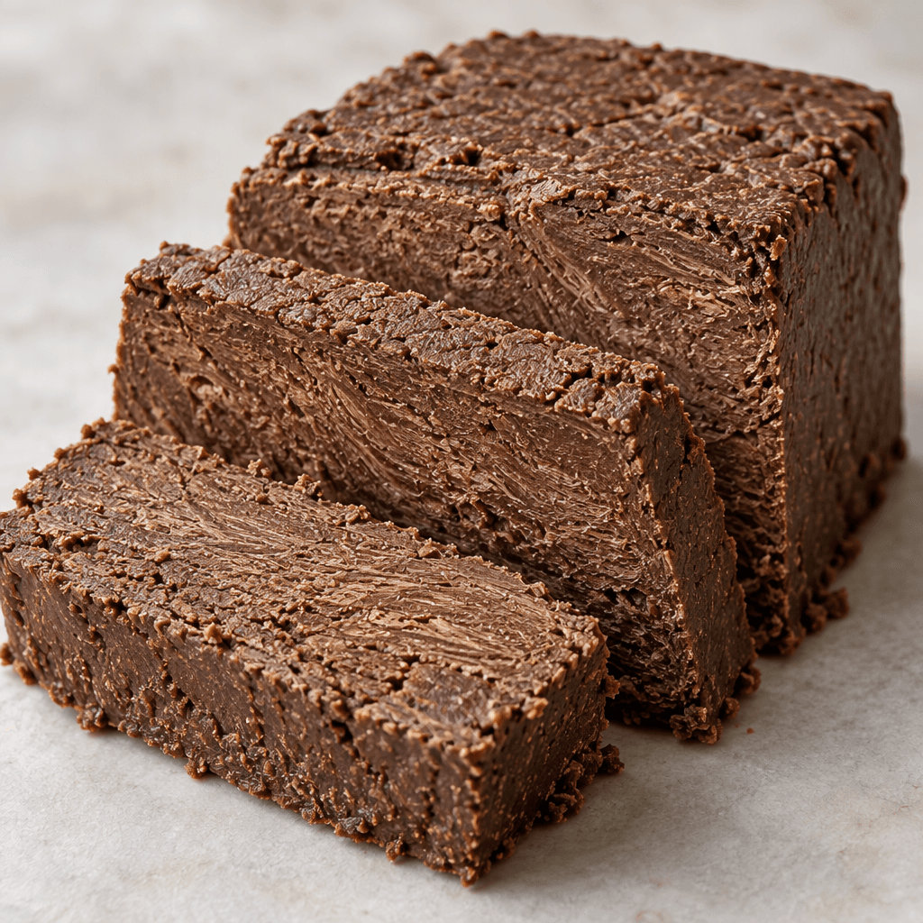 A compact, dark-brown cocoa halva is cut into thick rectangular pieces, with a dense, slightly crumbly surface and fine fibrous layers visible along the cut edges.