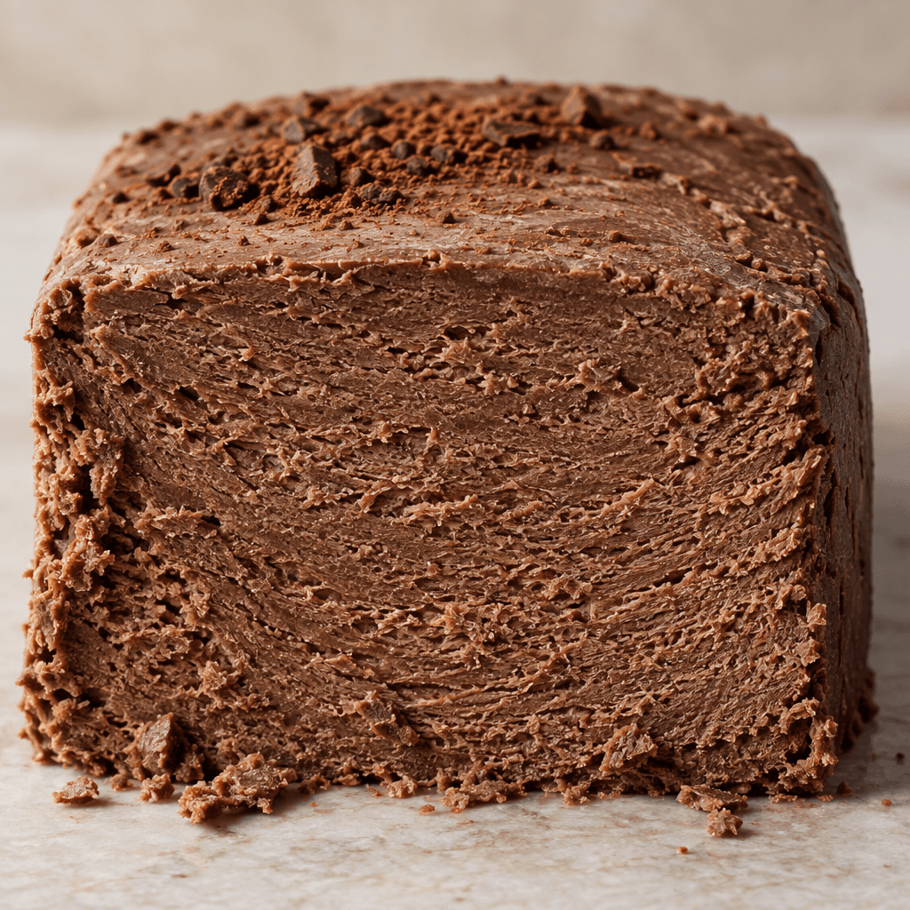 A compact, deep cocoa-brown block of tahini halva with a slightly crumbly, fine fibrous texture and a cleanly cut face.