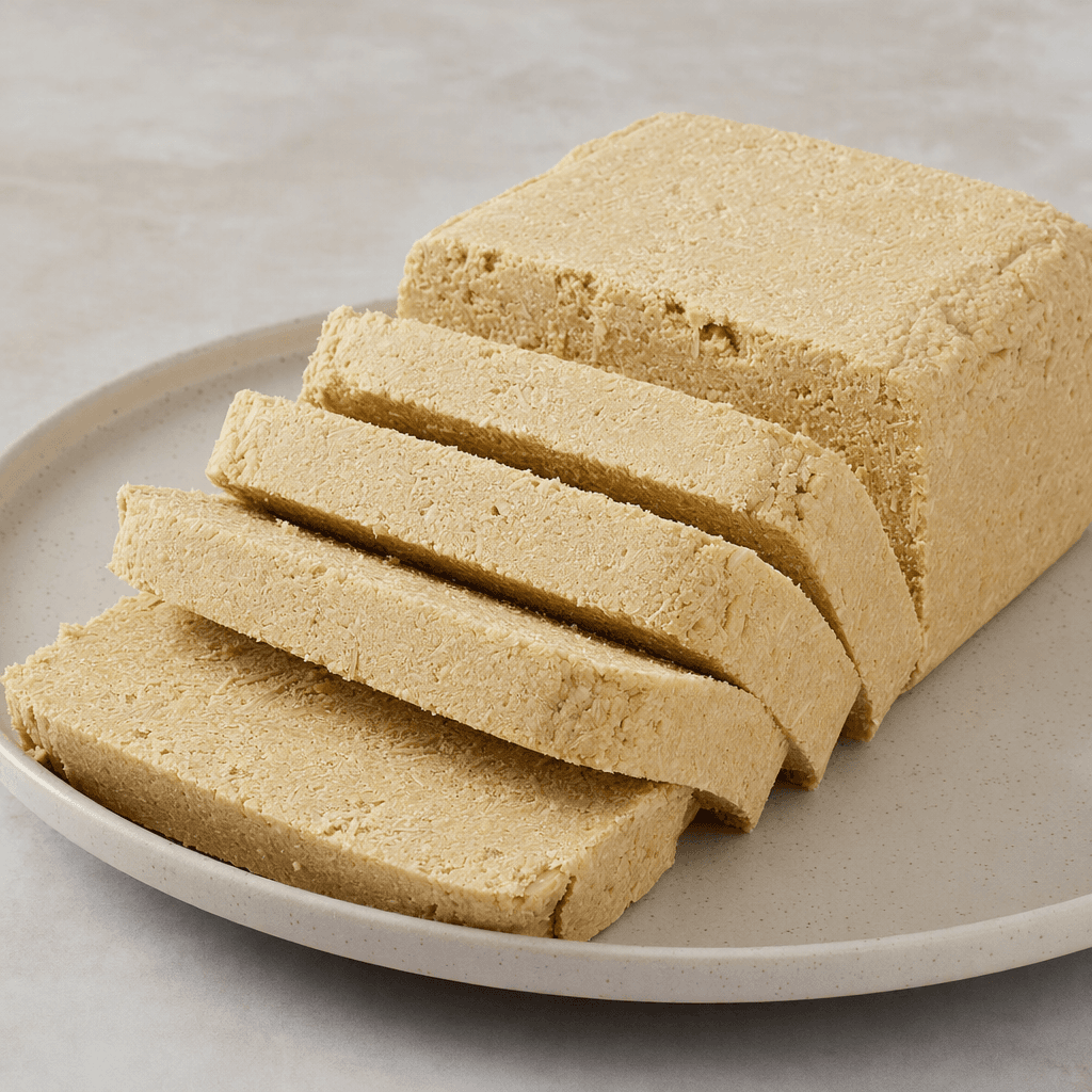 A compact, pale beige slab of halva with a fine, fibrous, slightly crumbly surface, cut into thick slices and arranged on a plate.