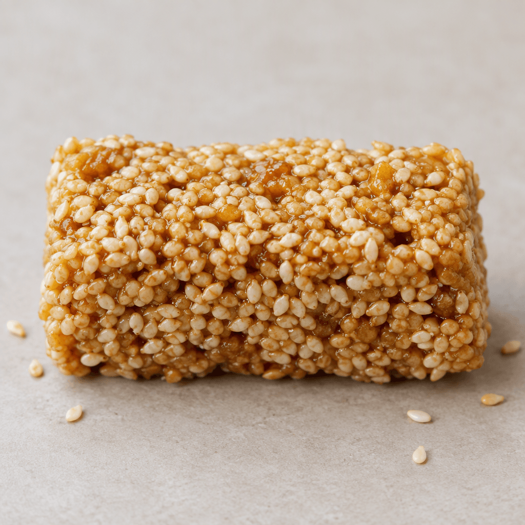 A compact rectangular bar densely packed with pale beige sesame seeds bound into a glossy golden-brown surface, with a rough, uneven texture and a few loose seeds nearby.