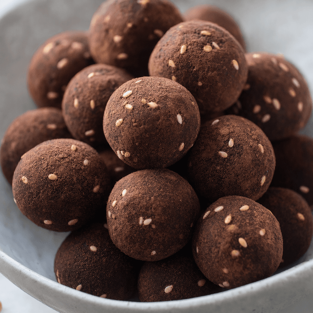 Small, round, dark-brown chocolate truffles sit together, with a matte, lightly cocoa-dusted surface and a few pale sesame seeds visible.