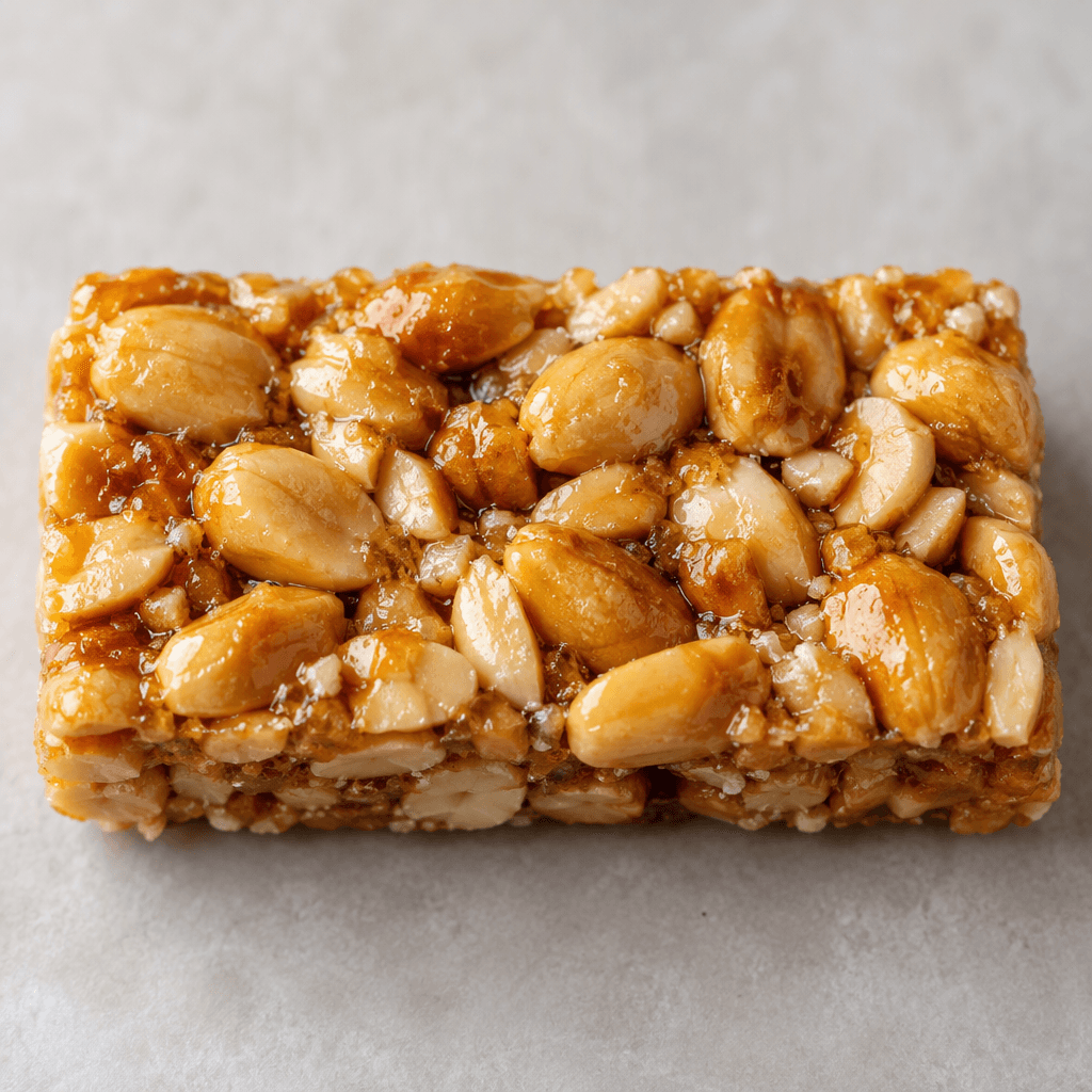 A compact rectangular bar of golden-brown peanuts bound together, with whole and broken kernels visible across its slightly glossy, uneven surface.