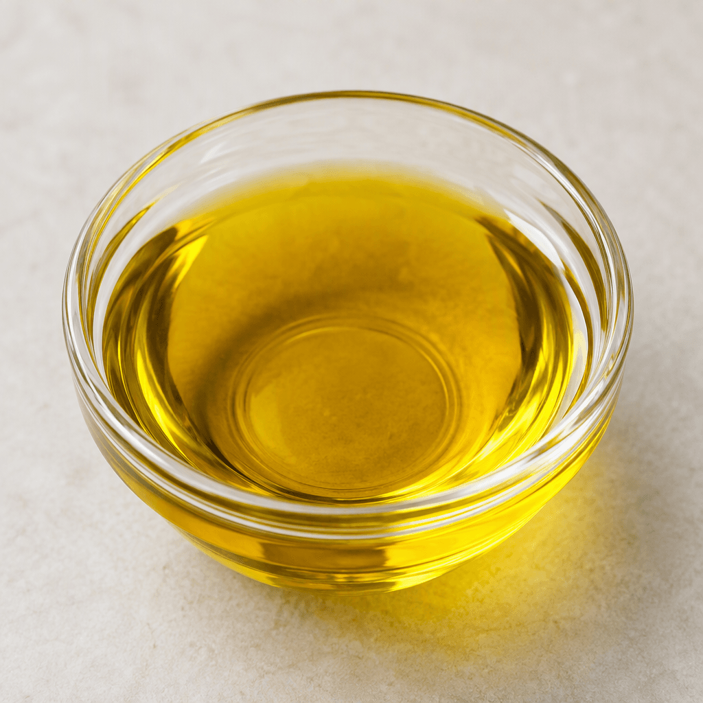 Clear, glossy golden-amber oil with a smooth, thin, fluid appearance, pooled in a small dish.