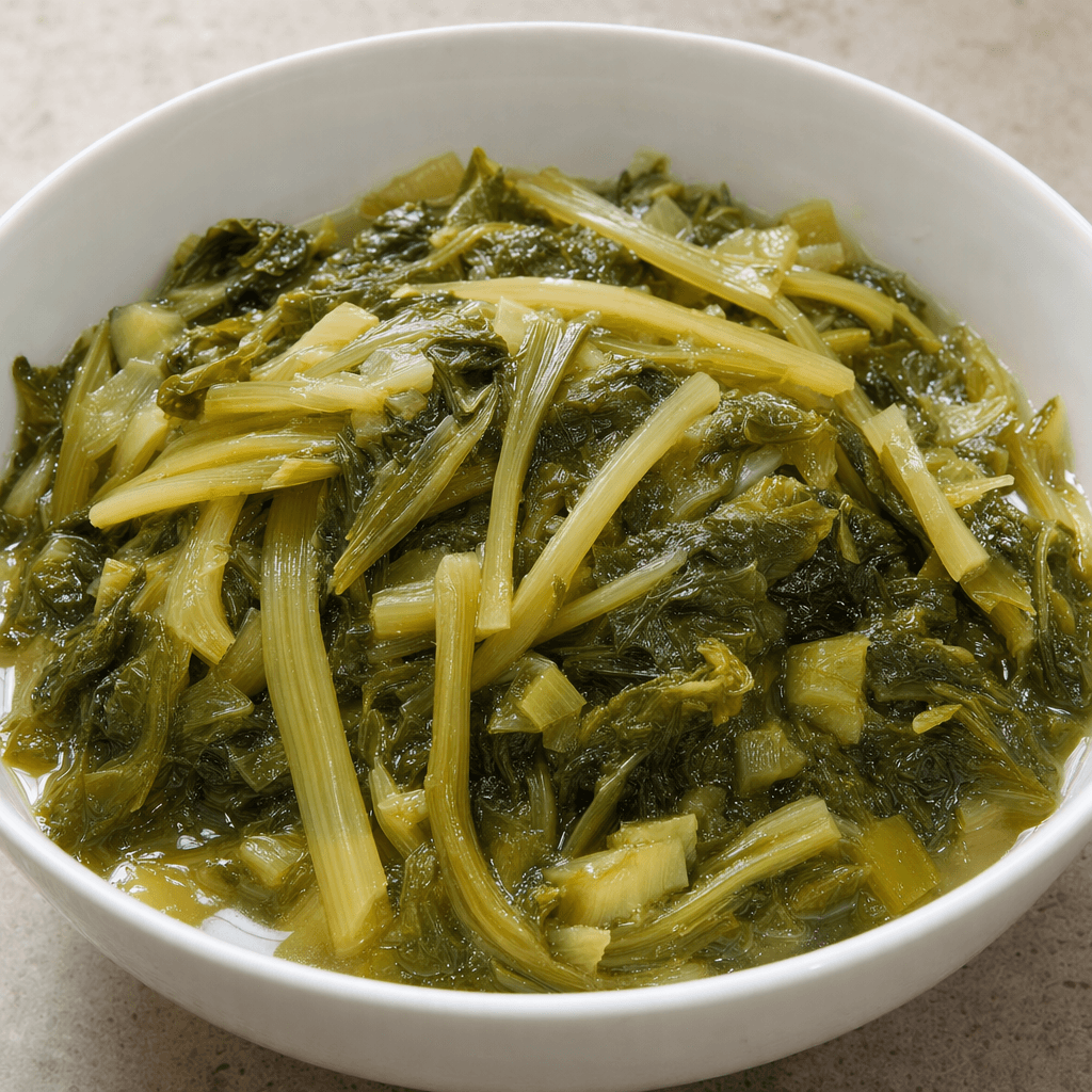 Tender green leaves and pale, slender stems sit in a shallow bowl of lightly brothy stew, with the pieces visibly softened and glistening.