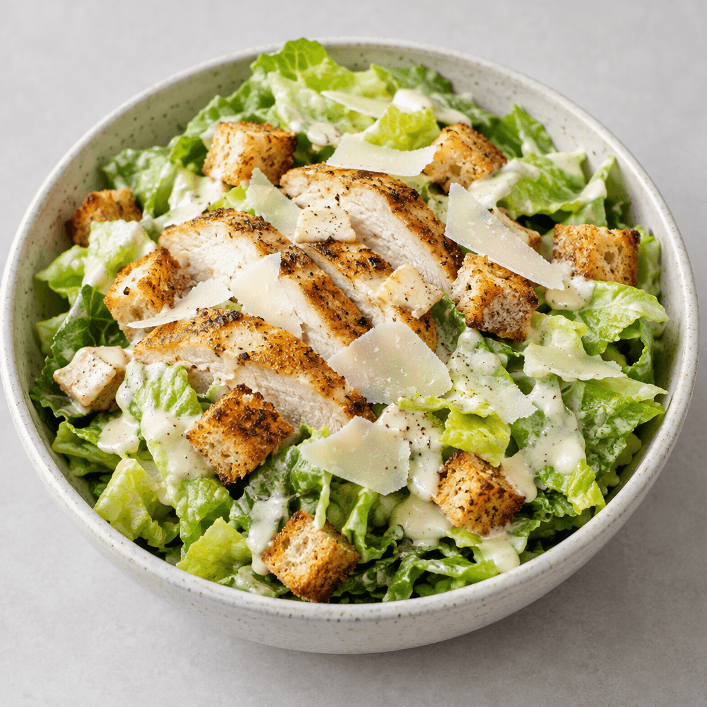 A bowl of crisp pale-green romaine lettuce is topped with sliced golden-brown chicken breast, toasted golden croutons, thin ivory shavings of hard cheese, and a glossy creamy dressing drizzled over the leaves.