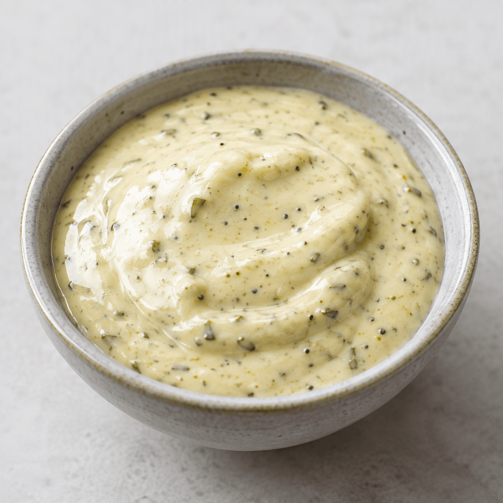 A thick, glossy, pale ivory dressing with a faint yellow tint and tiny dark herb and pepper flecks, pooled in a small bowl.