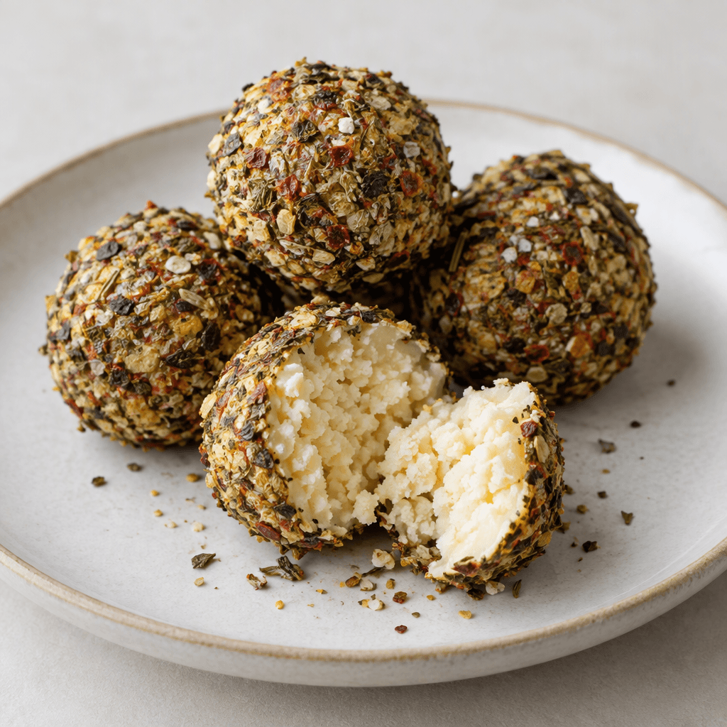 Small, firm balls of aged cheese are coated in a rough layer of dried herbs and spices, with one broken open to show a pale, crumbly interior on a plate.