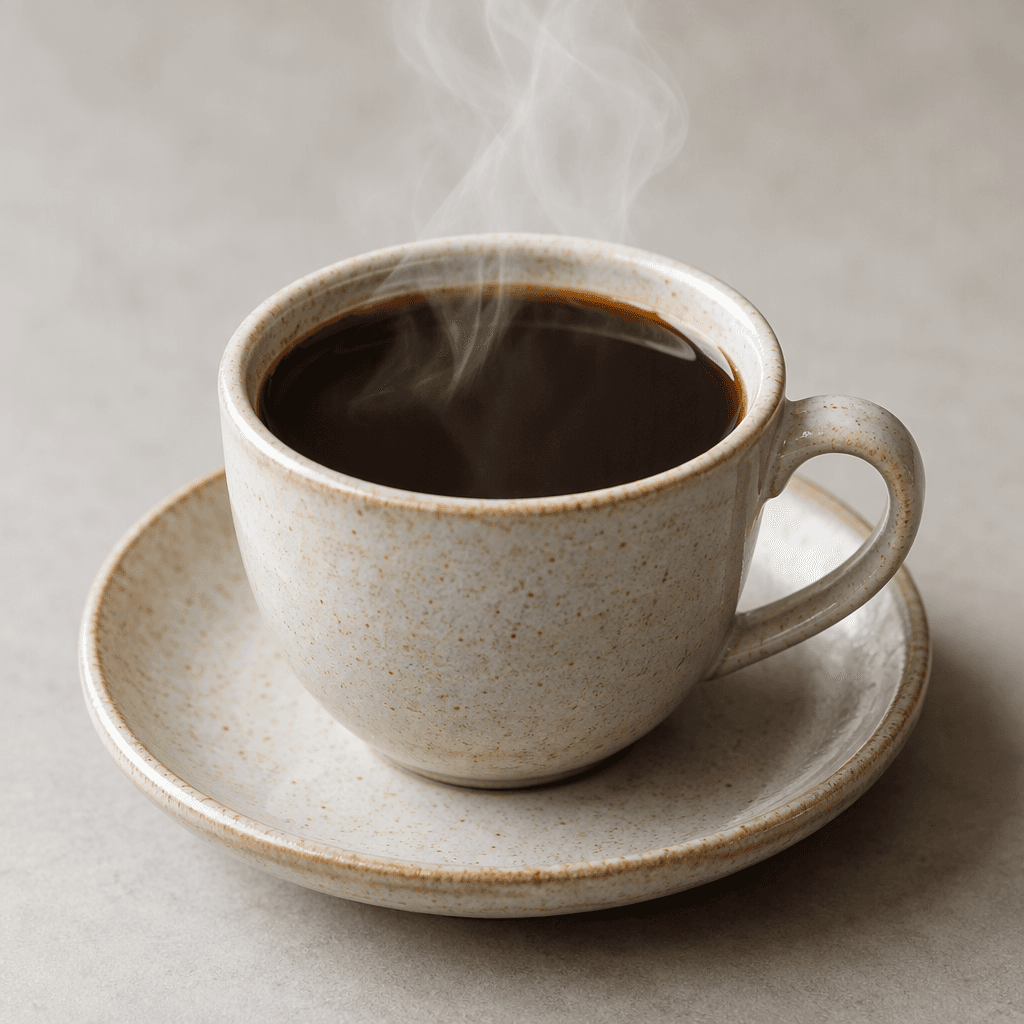 Dark brown, nearly opaque coffee fills a small ceramic cup, with a smooth reflective surface and wisps of steam rising above it, set on a matching saucer.