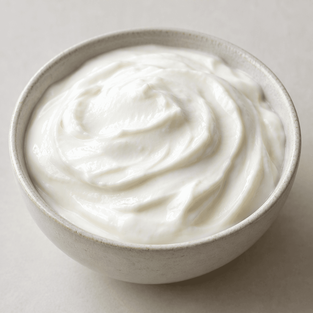Thick, smooth white yogurt sits in a soft mound with a slight sheen and a few shallow swirls on its surface.
