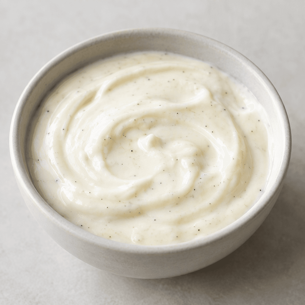 Thick, smooth ivory-colored yogurt with a few tiny dark vanilla flecks, sitting in a simple bowl.