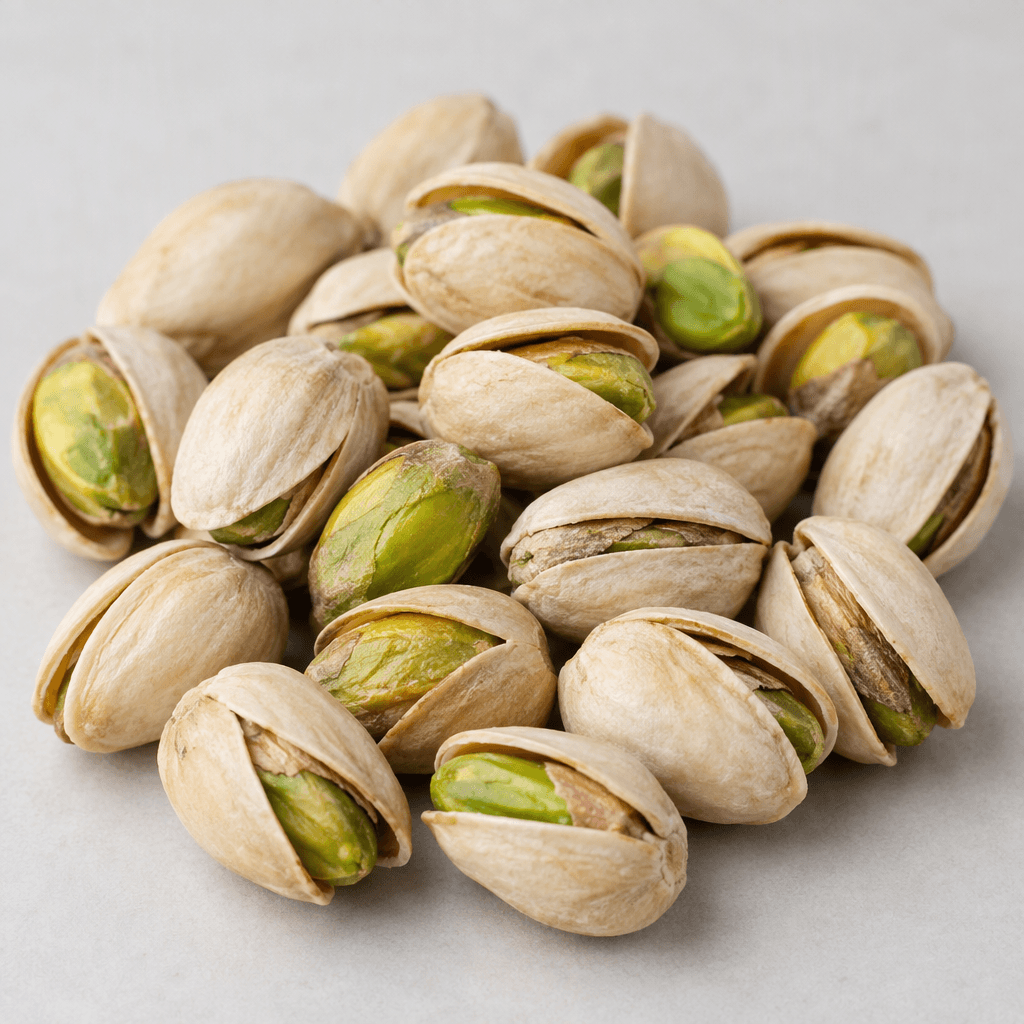Large, rounded pistachios with pale beige, naturally split shells and plump kernels showing shades of vivid green and yellow-green, loosely scattered on a plain surface.