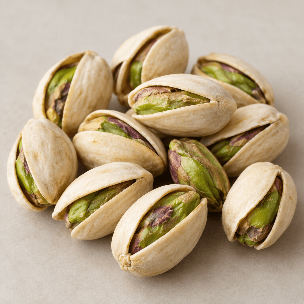 Several elongated, slightly curved pistachios sit in pale beige, hard shells split open along one side to reveal smooth, deep green kernels with occasional purple-brown skin, loosely arranged on a plain surface.