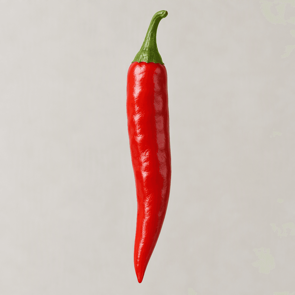 A slender, elongated chili pepper with smooth, glossy skin, tapering to a pointed tip and ranging from bright green to vivid red, shown whole with its short green stem attached.