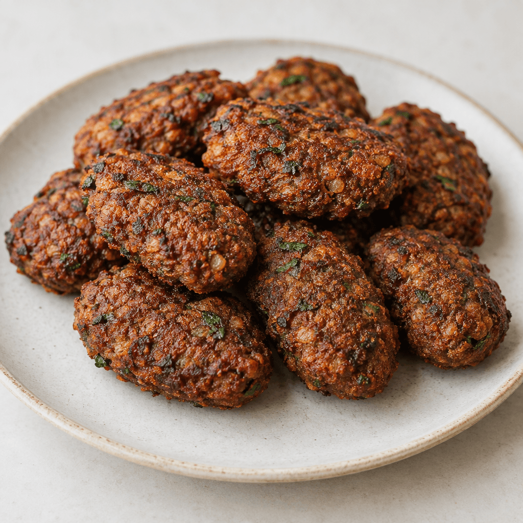 Small, irregular oval patties with a coarse, grainy surface and a deep reddish-brown color are arranged on a plate, with flecks of green herbs visible in the mixture.