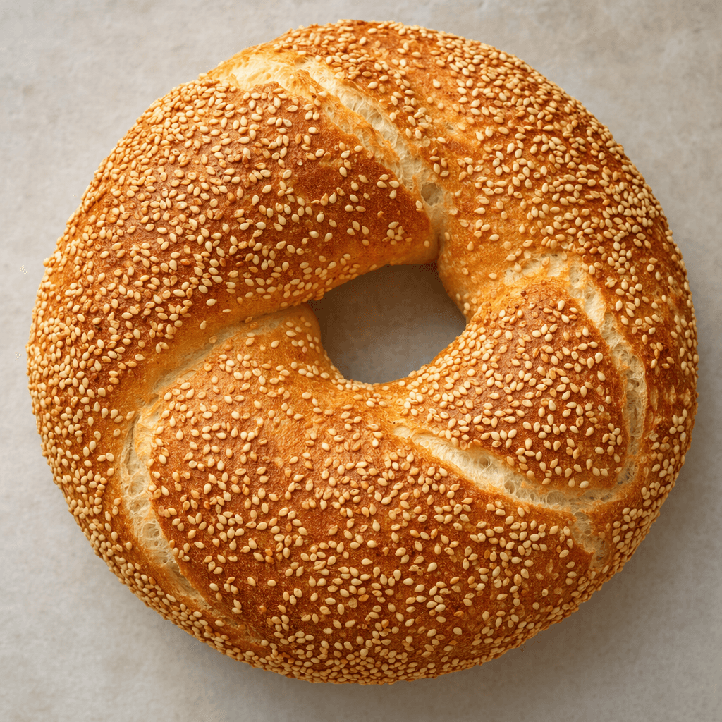 A round, slightly twisted ring of bread with a deep golden-brown crust densely covered in pale sesame seeds.