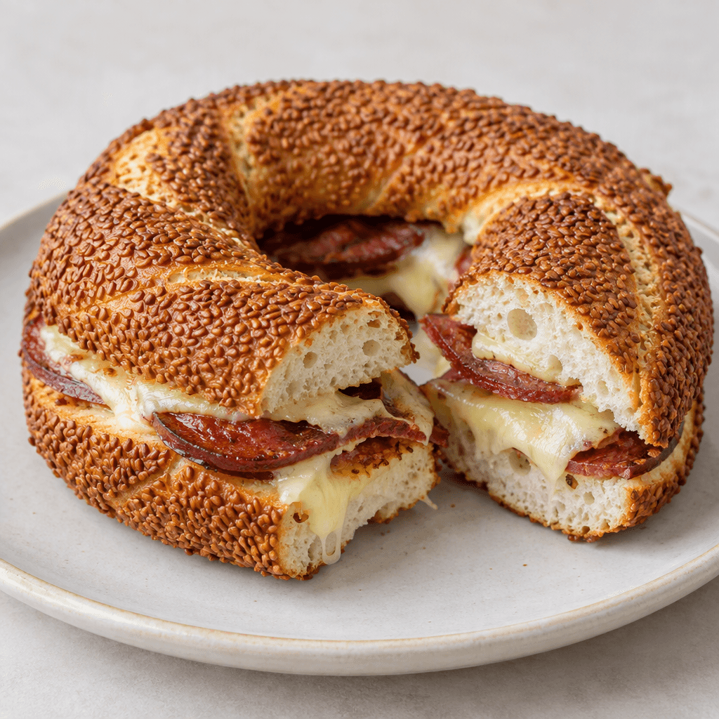 A ring-shaped sesame-coated simit is split open and toasted, showing melted pale straw-yellow kaşar cheese and thin reddish-brown slices of sucuk between its crisp golden-brown crust and airy bread, served in cut sections on a plate.
