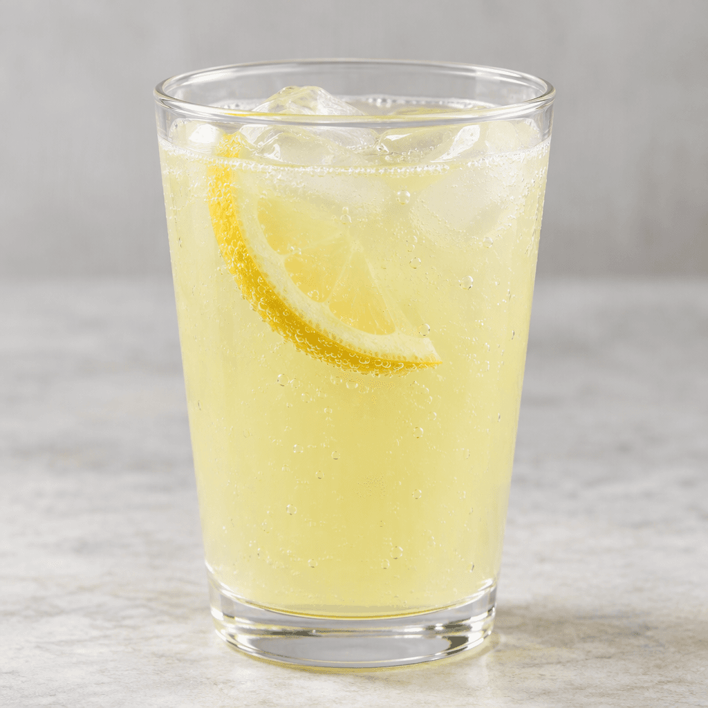 A pale, slightly cloudy yellow lemonade fills a clear glass, with small bubbles visible through the drink.