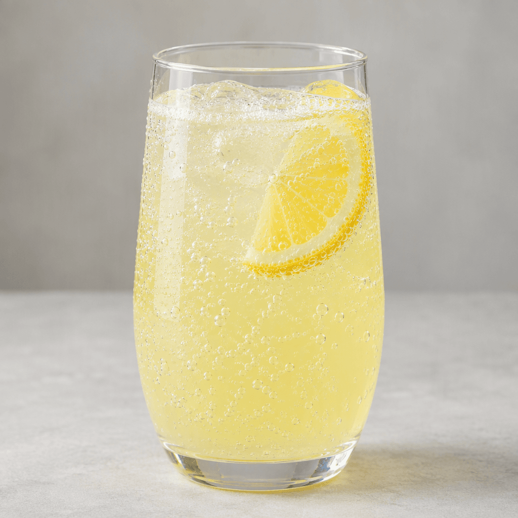 A pale yellow, slightly cloudy carbonated drink with fine bubbles rising through it, served in a clear glass.