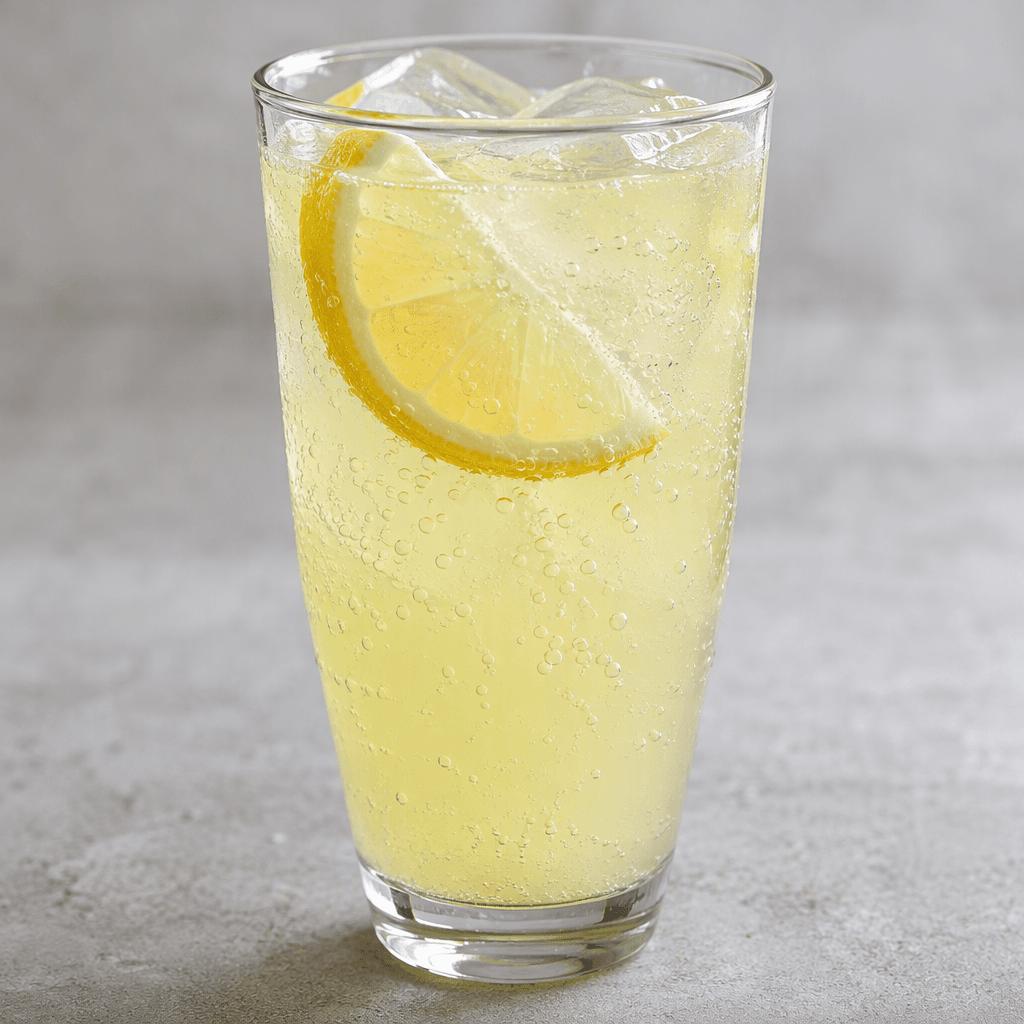 A pale yellow, slightly cloudy lemon drink with fine bubbles, served chilled in a clear glass.