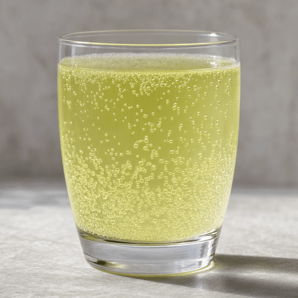 A translucent pale yellow-green carbonated drink sits in a clear glass, with fine bubbles rising through the liquid.