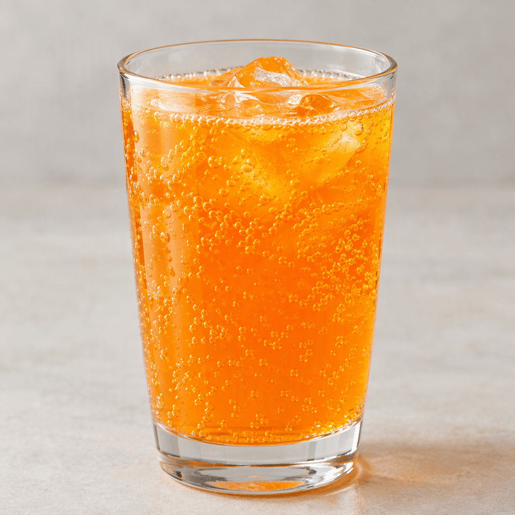 A clear, bright orange carbonated drink sits in a glass, with fine bubbles rising through it.