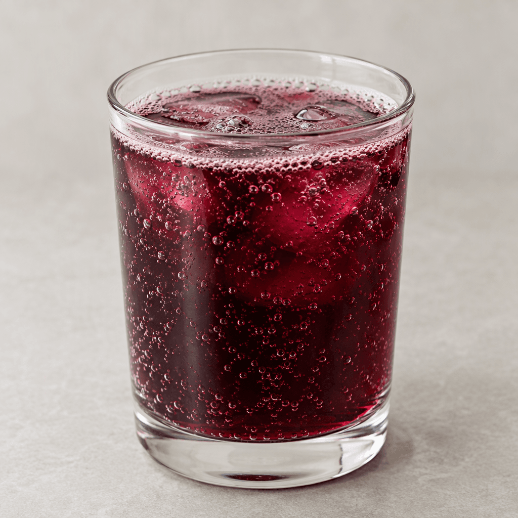 A deep burgundy-purple, translucent fizzy drink served in a clear glass, with fine bubbles rising through it.