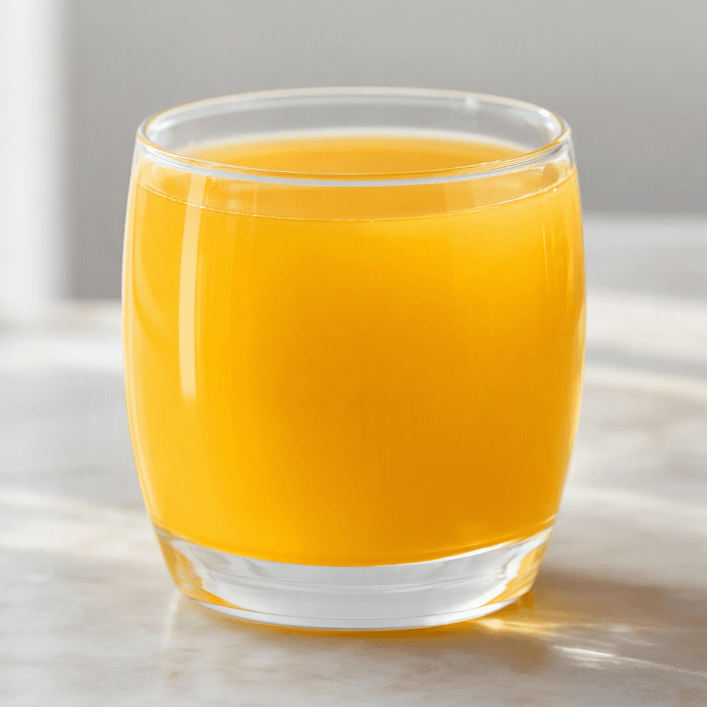 A smooth, translucent golden-orange drink sits in a clear glass.