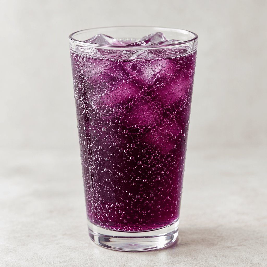 A clear, deep purple grape soda with fine bubbles, served chilled in a transparent glass.