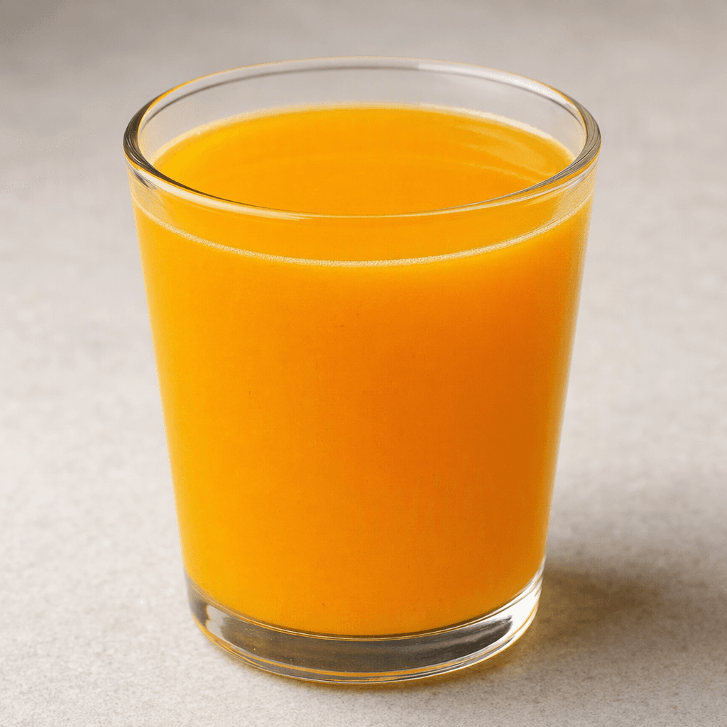 A bright golden-orange, slightly cloudy drink with a smooth, uniform appearance, served in a clear glass.