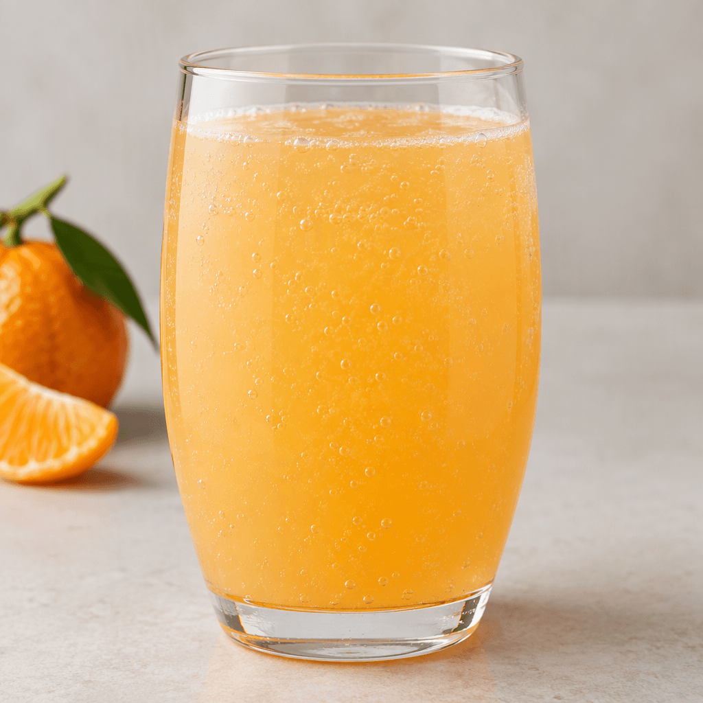 A pale orange, slightly cloudy mandarin drink sits in a clear glass, with fine bubbles visible throughout.
