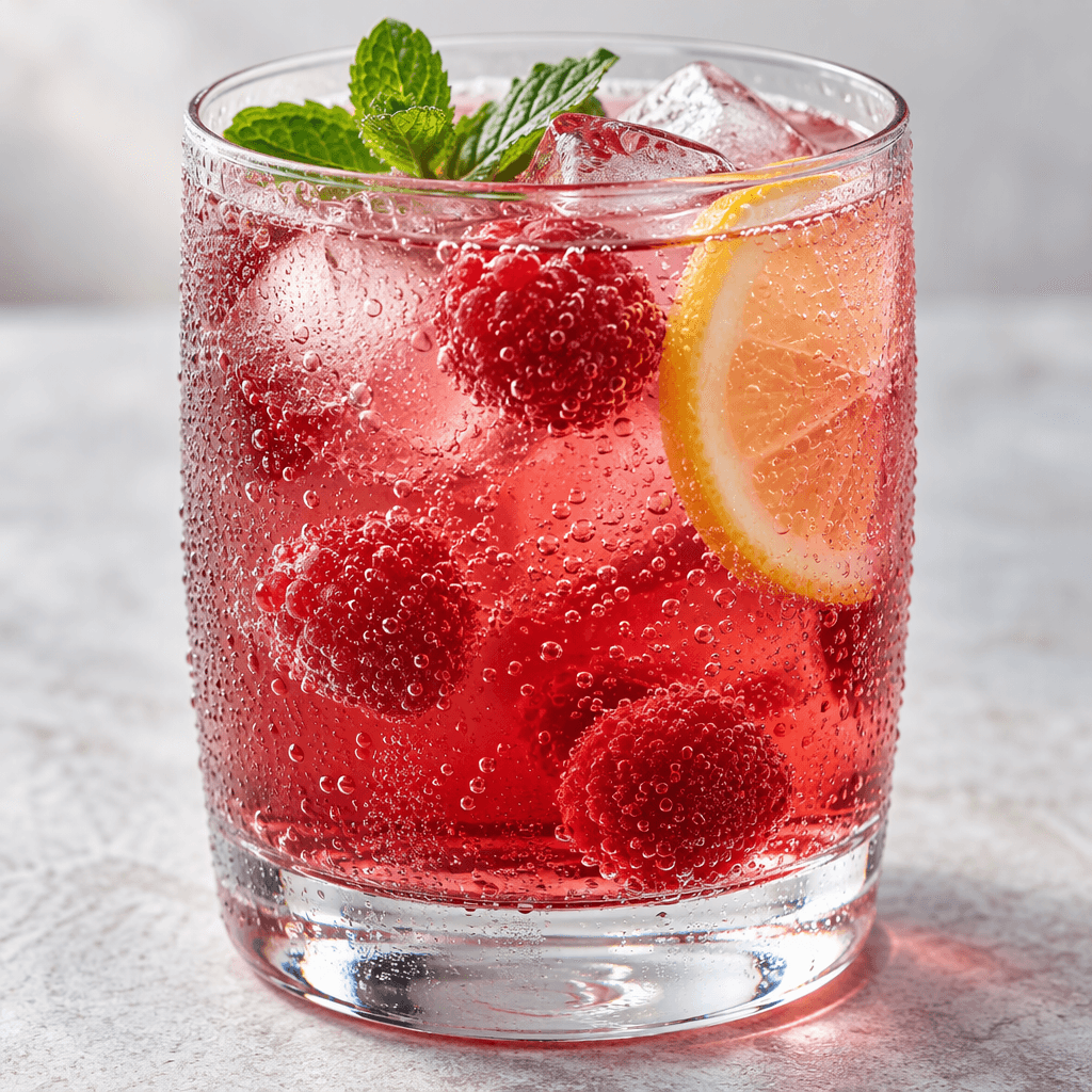 A clear glass filled with translucent, brightly coloured fruit soda, with fine bubbles rising through the liquid and beads of condensation on the outside.