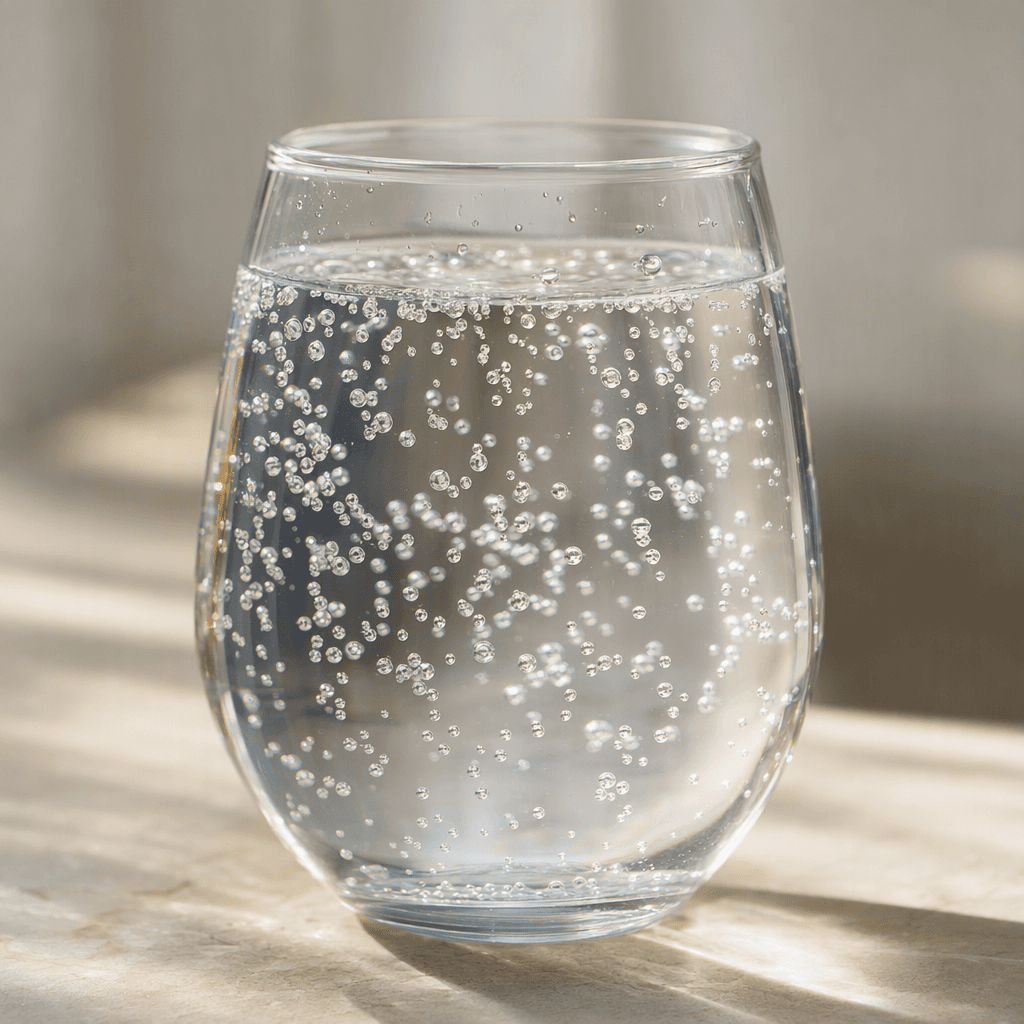 Clear, colorless sparkling water sits in a transparent glass, with fine bubbles rising through the liquid.