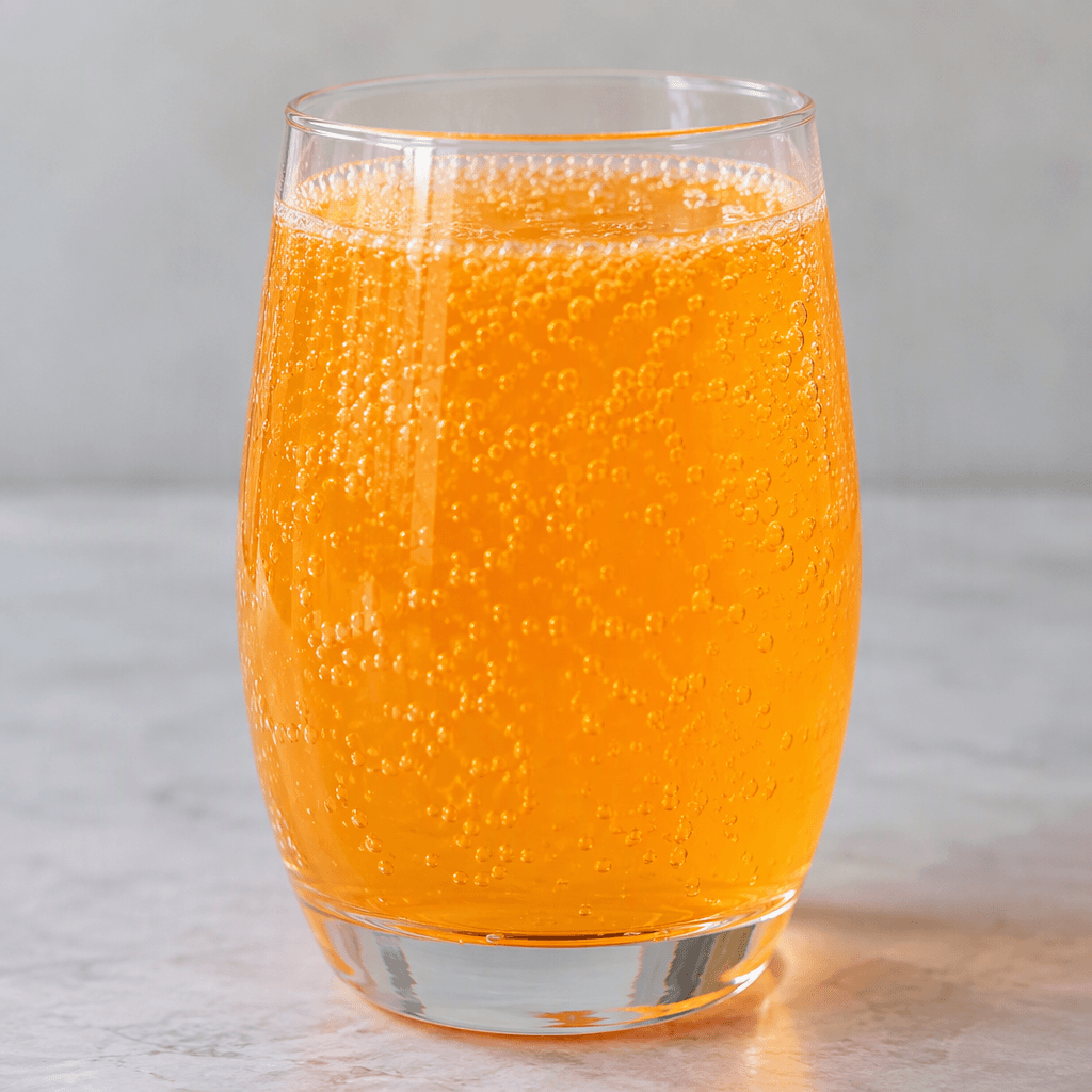 Bright orange, translucent carbonated soda with fine bubbles, served in a clear glass.