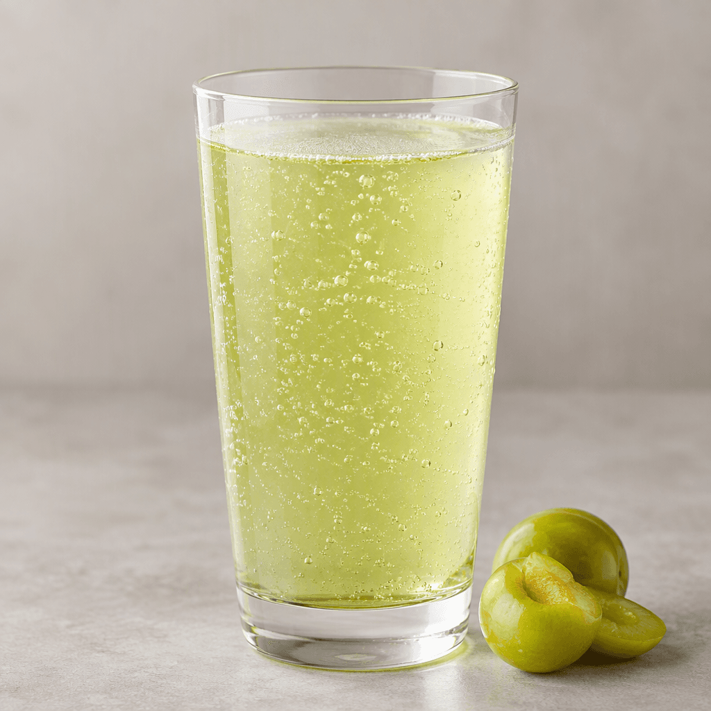 A clear, lightly sparkling pale yellow-green drink sits in a glass, with tiny bubbles rising through it.